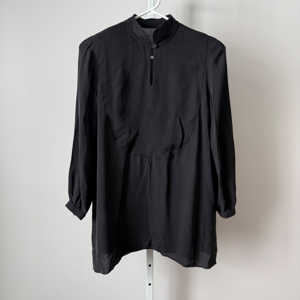 Ette sz S 100% Silk Black Tunic Blouse Mandarin Collar‎ Keyhole Lagenlook Goth